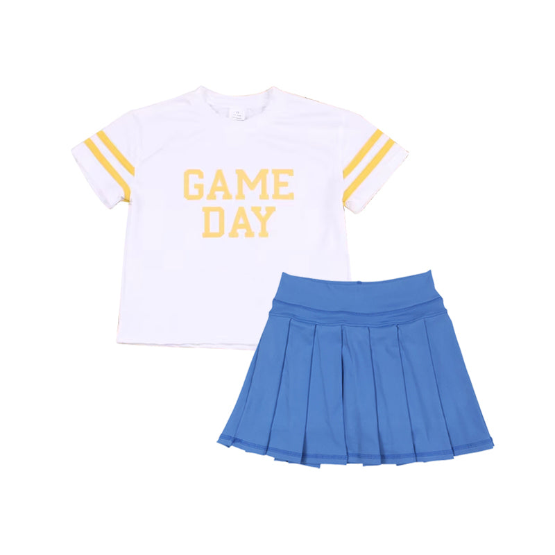 (Pre Order) No moq GSD2741 PRE-ORDER baby girl clothes yoga GAME DAY short sleeve blue skirts set-2025.7.1