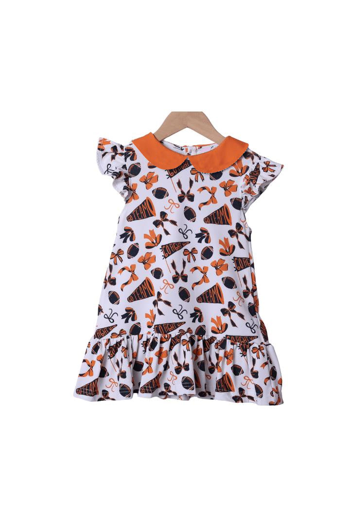 (Pre Order) No moq GSD2785 PRE-ORDER baby girl clothes team bow orange flying sleeve dress-2025.7.26