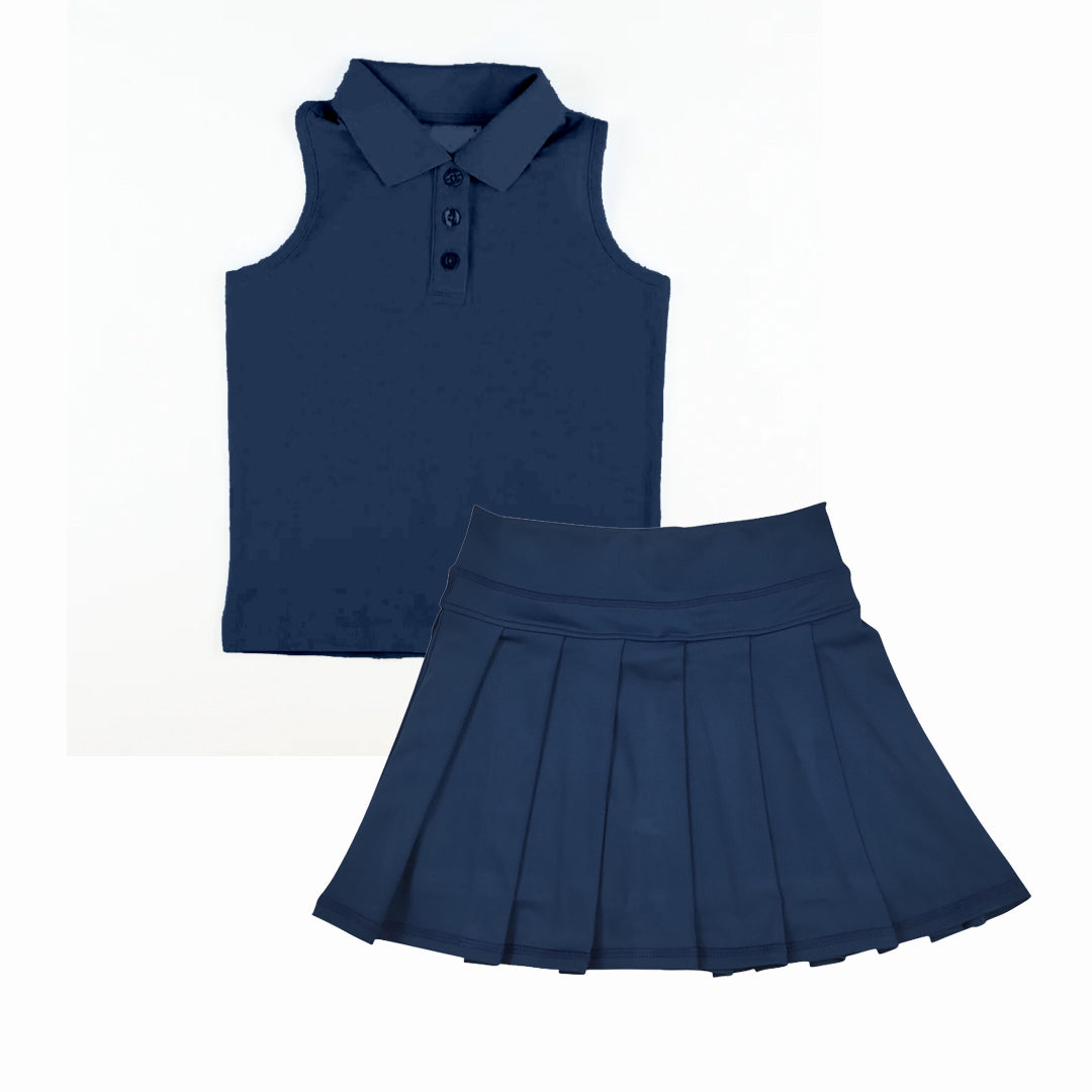 (Pre Order) No moq GSD2796 PRE-ORDER baby girl clothes yoga navy blue sleeveless skirts set-2025.8.11-GT1159