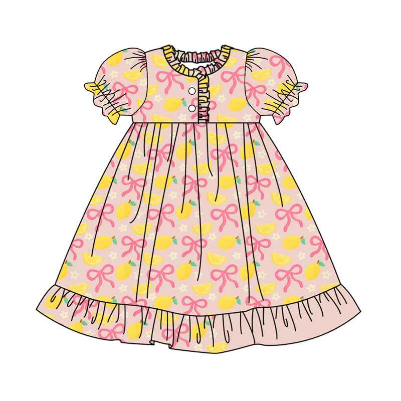 (Pre Order) No moq GSD2812 PRE-ORDER baby girl clothes lemon bow short sleeve dress-2025.9.15