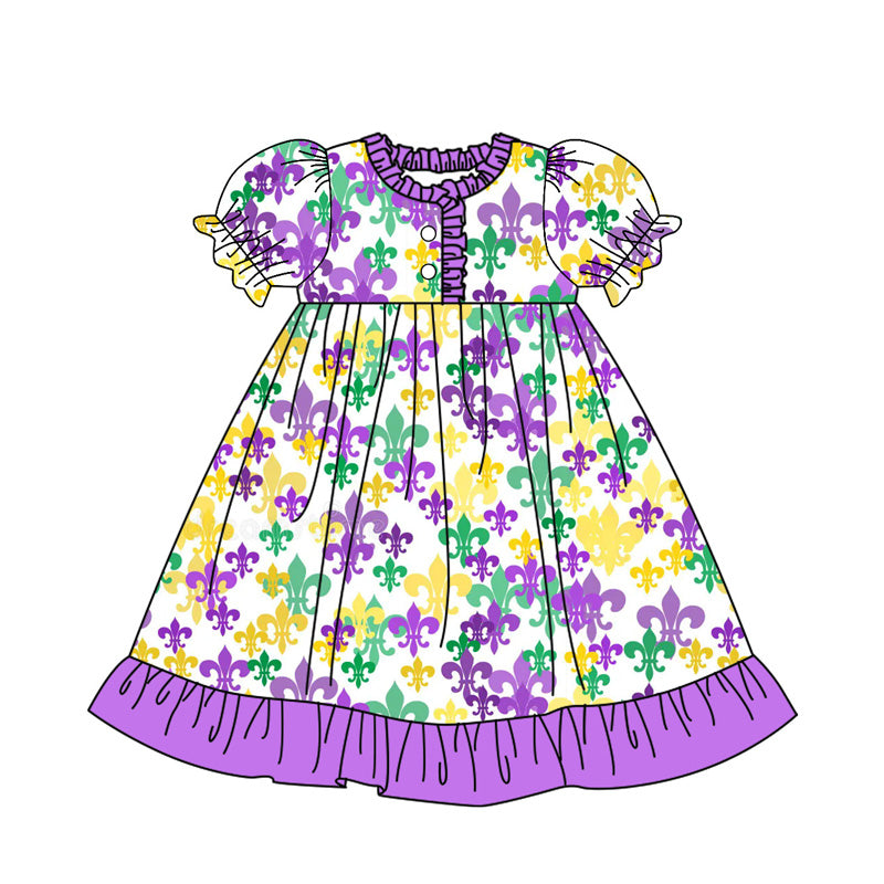 (Pre Order) No moq GSD2817 PRE-ORDER baby girl clothes mardi gras purple short sleeve dress-2025.9.17