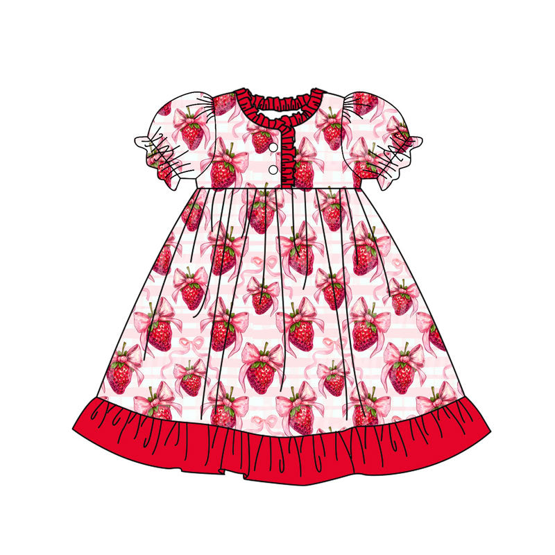 (Pre Order) No moq GSD2830 PRE-ORDER baby girl clothes strawberry bow short sleeve dress-2025.9.23