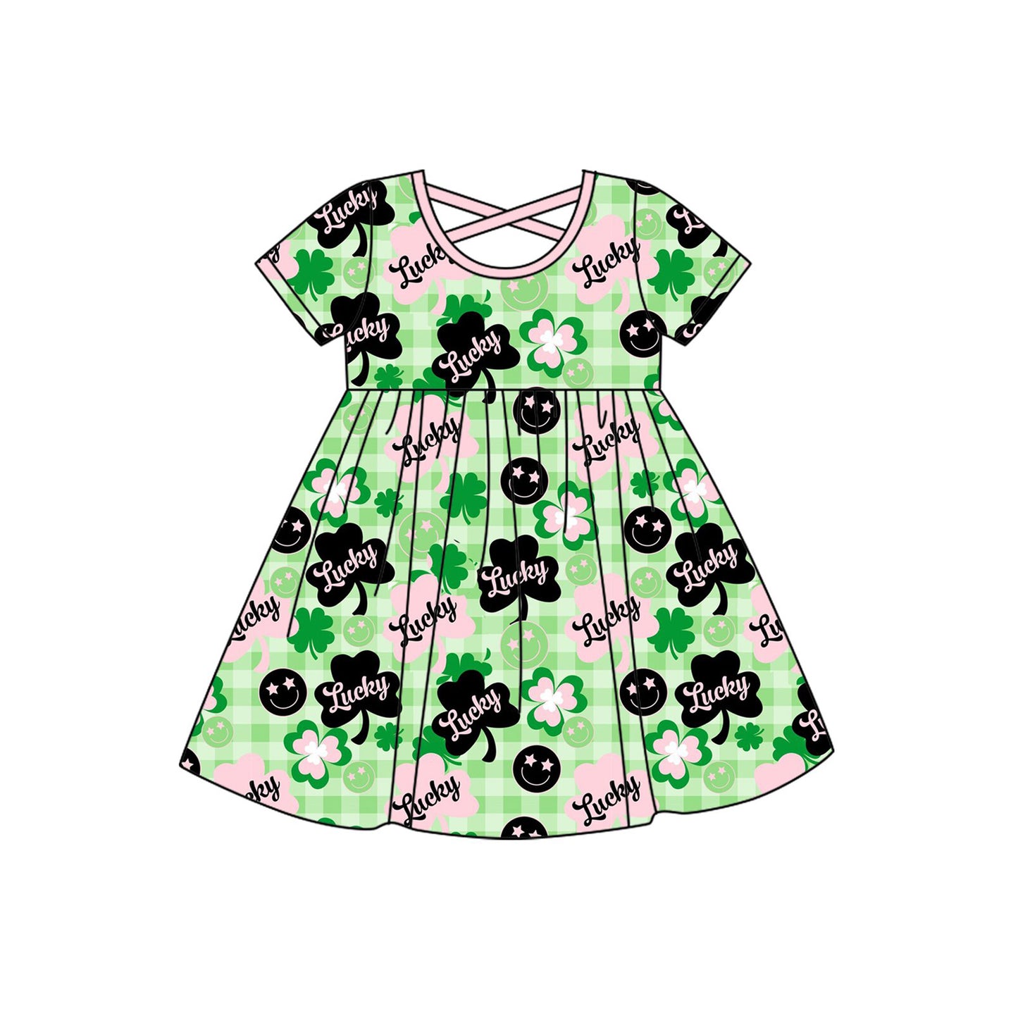 (Pre Order) No moq GSD2840 PRE-ORDER baby girl clothes lucky green short sleeve dress-2025.9.25
