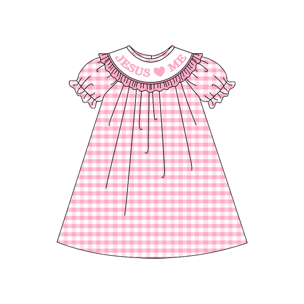 (Pre Order) No moq GSD2846 PRE-ORDER baby girl clothes JESUS love ME pink short sleeve dress-2025.9.26