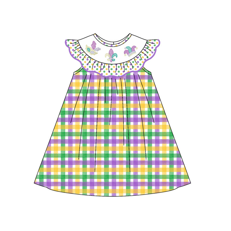 (Pre Order) No moq GSD2849 PRE-ORDER baby girl clothes mardi gras flying sleeve dress-2025.9.26