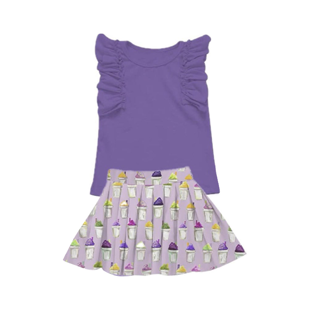 (Pre Order) No moq GSD2929 PRE-ORDER baby girl clothes purple flying sleeve skirts sets-2025.10.18