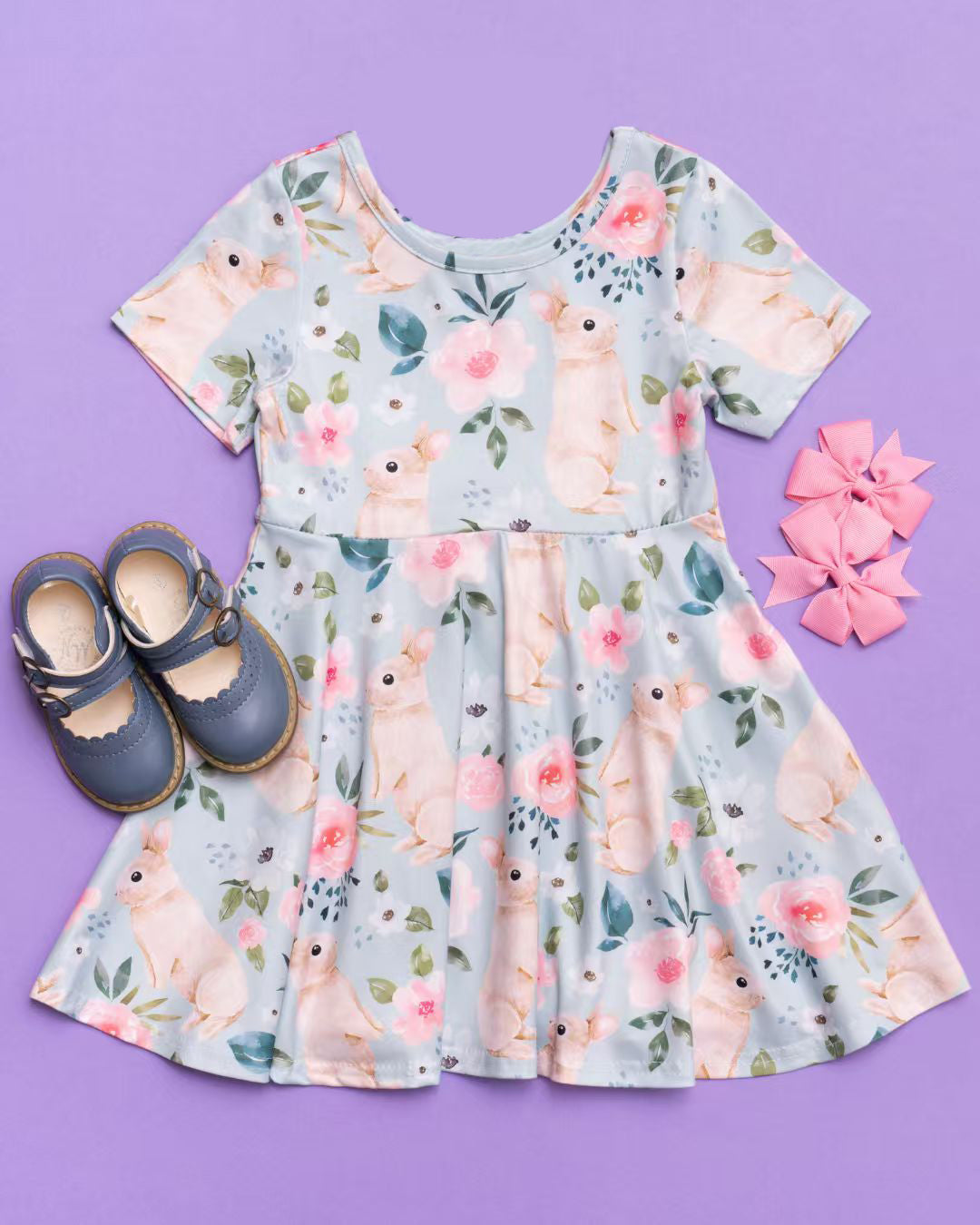 (Pre Order) No moq GSD2994 PRE-ORDER baby girl clothes bunny floral short sleeve dress-2025.10.30