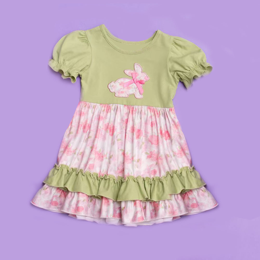 (Pre Order) No moq GSD2996 PRE-ORDER baby girl clothes bunny floral short sleeve dress-2025.10.30