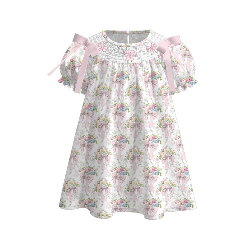 (Pre Order) No moq GSD3047 PRE-ORDER baby girl clothes bow floral short sleeve dress-2025.11.4