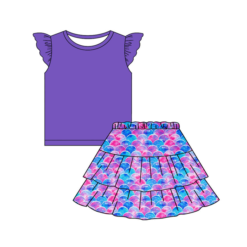 (Pre Order) No moq GSD3091 PRE-ORDER baby girl clothes purple flying sleeve skirts sets-2025.11.10