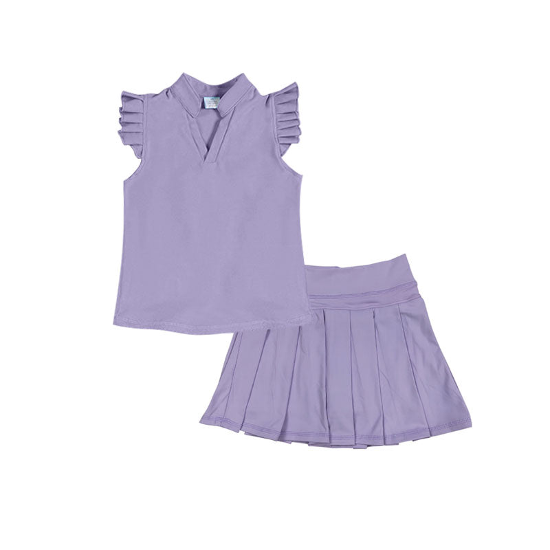 (Pre Order) No moq GSD3204 PRE-ORDER baby girl clothes yoga purple flying sleeve skirts sets-2025.11.21