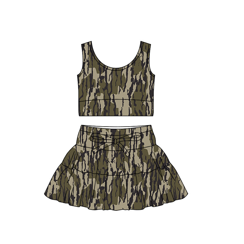 (Pre Order) No moq PRE-ORDER baby girl clothes yoga camouflage sleeveless skirts sets
