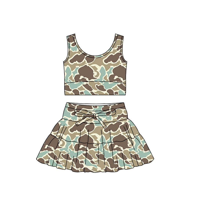 (Pre Order) No moq PRE-ORDER baby girl clothes yoga camouflage sleeveless skirts sets