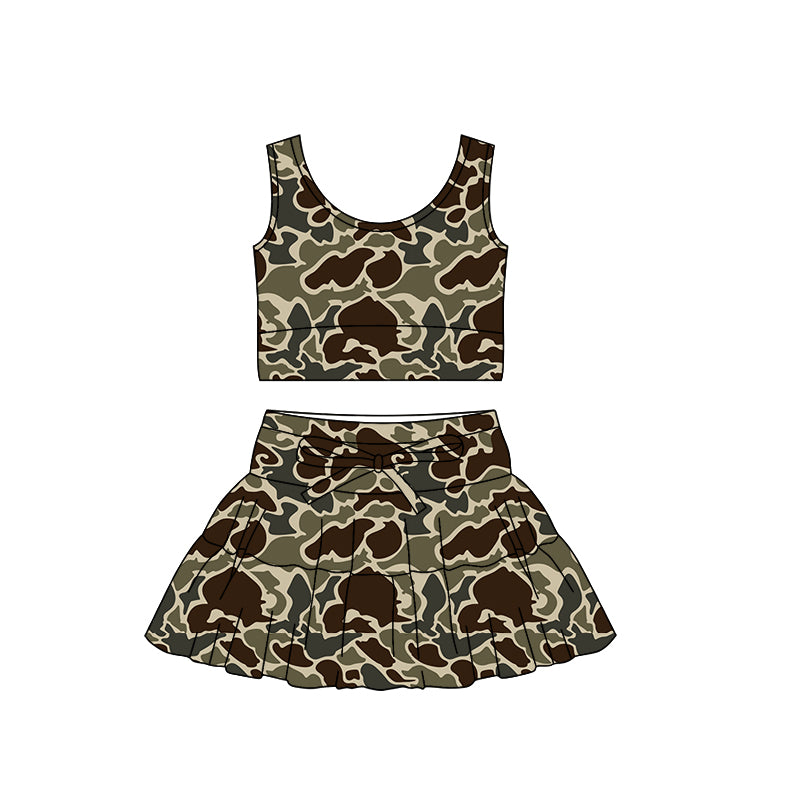 (Pre Order) No moq PRE-ORDER baby girl clothes yoga camouflage sleeveless skirts sets