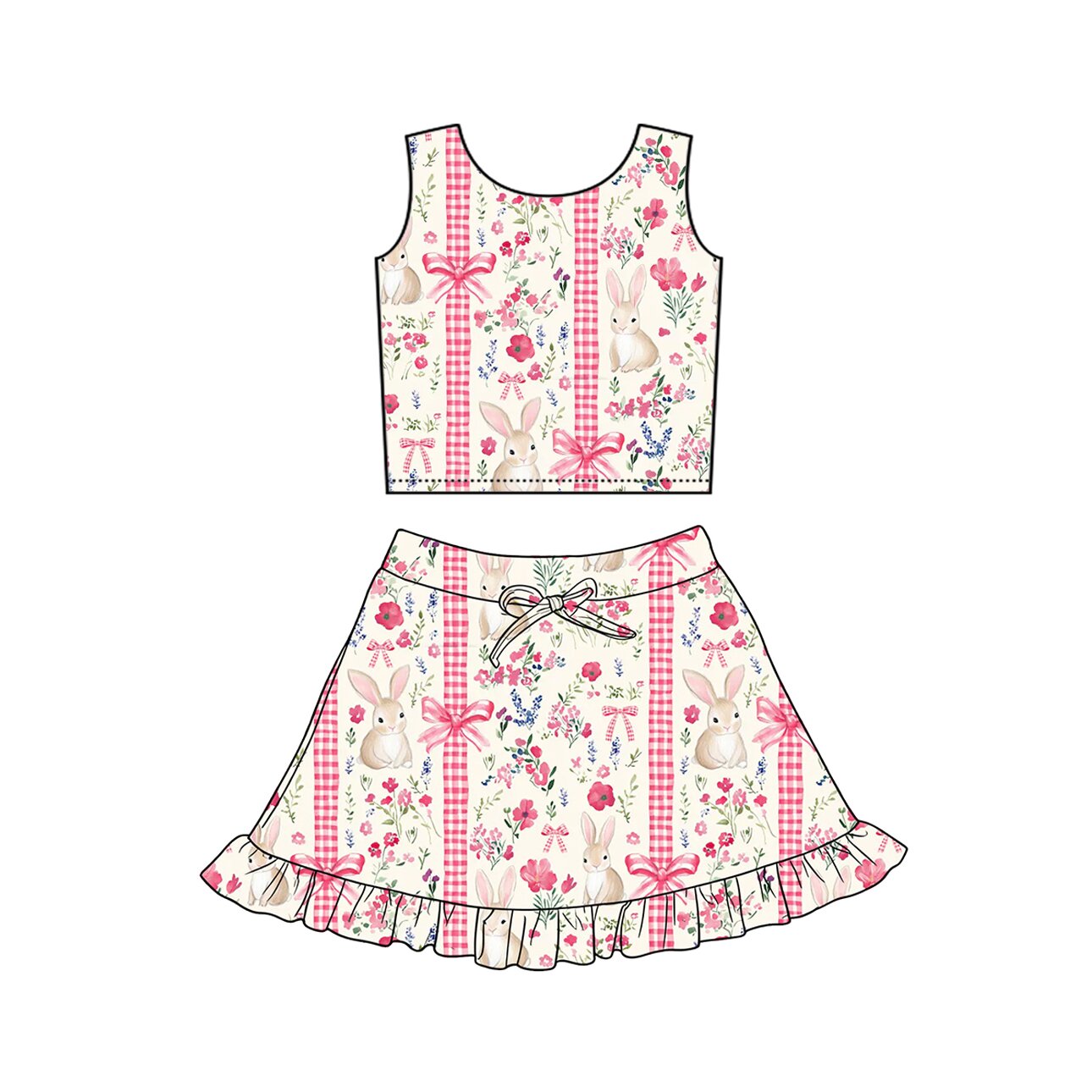 (Pre Order) No moq Pre-order baby girl clothes yoga bow bunny floral sleeveless skirts sets-25.12.26