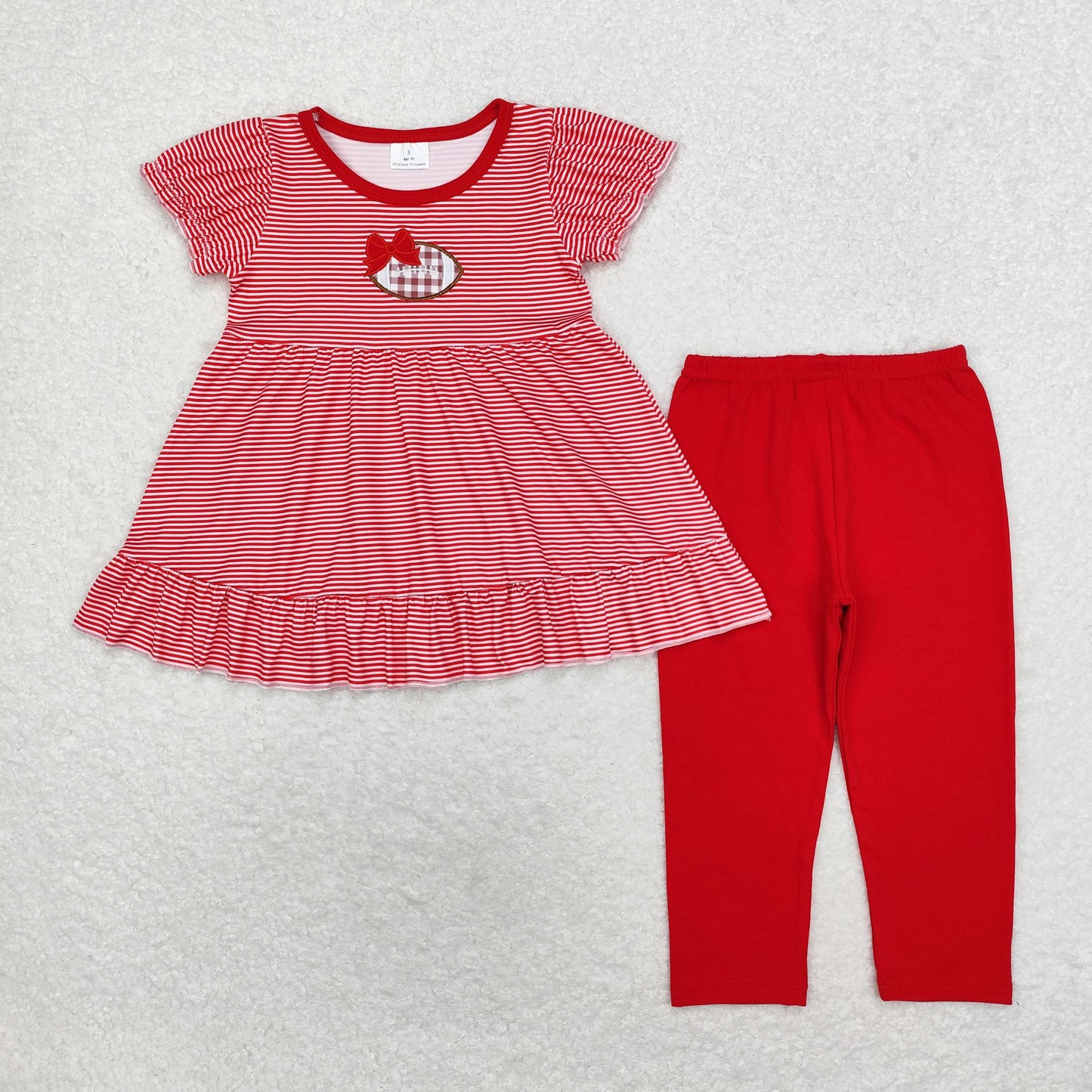 RTS NO MOQ(In Stock) GSPO1675 Embroidered red bow rugby striped short sleeve trousers set