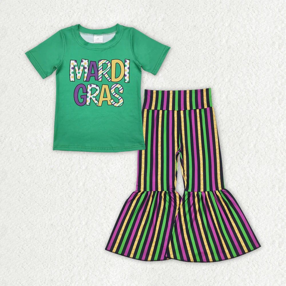 RTS NO MOQ Baby Girls Green Mardi Gras Short Sleeve Shirt And Stripes Bell Pants Outfit Set