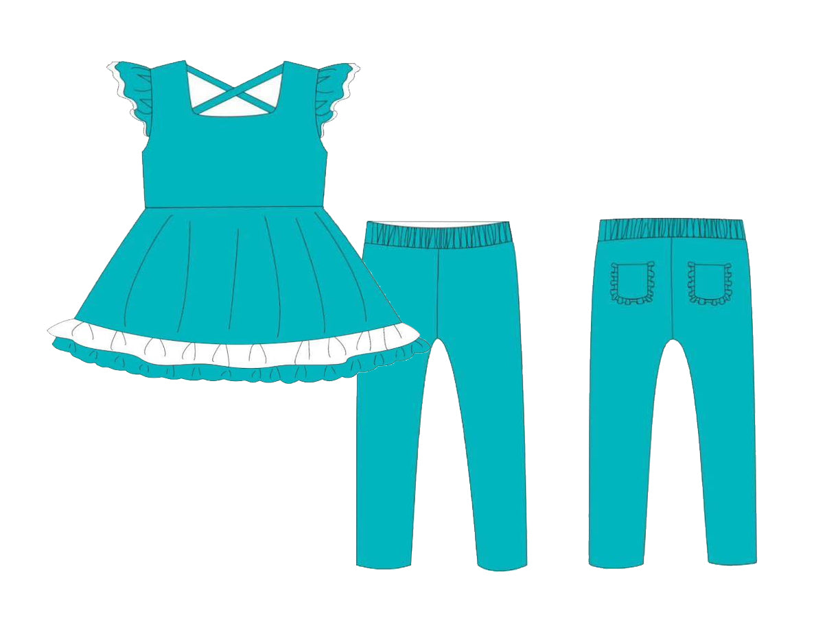 NO MOQ sales GSPO2048 Pre-order baby girl clothes teal flying sleeve pants sets -2025.6.10
