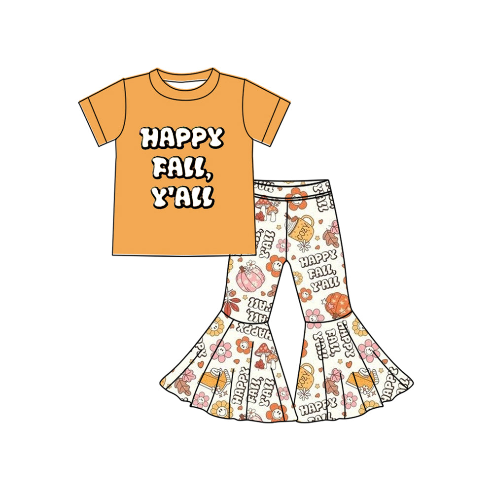 (Pre Order) No moq GSPO2054 Pre-order baby girl clothes Halloween pumpkin orange short sleeve pants sets -2025.7.5