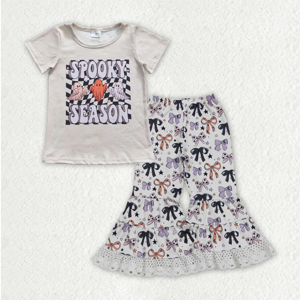 RTS NO MOQ Baby Girls Spooky Ghosts Halloween Outfit Set with Lace Bells Bottoms And Bow-Topped Top for Infant Girls