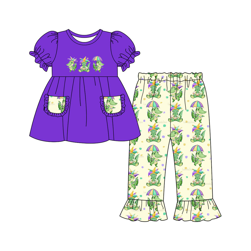 (Pre Order) No moq GSPO2068 Pre-order baby girl clothes purple short sleeve pants sets -2025.9.11