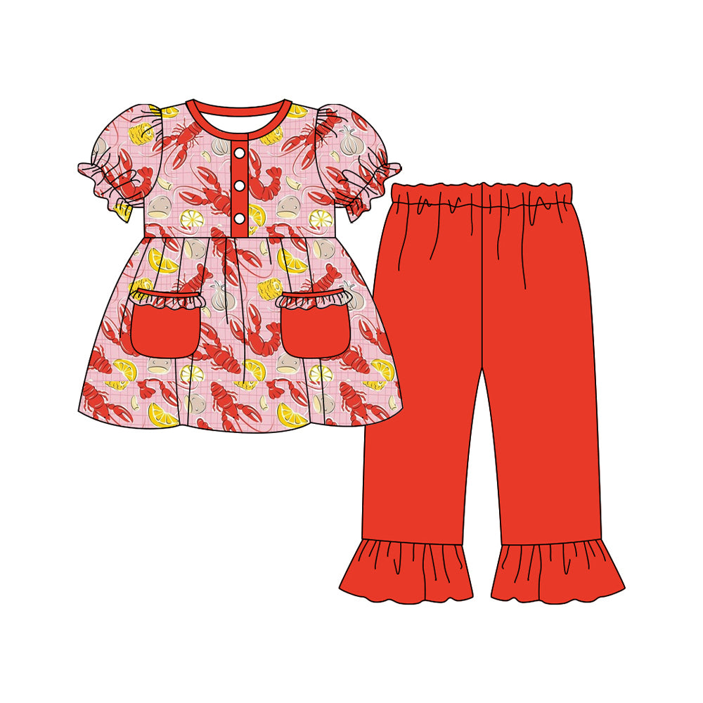 (Pre Order) No moq GSPO2073 Pre-order baby girl clothes lobster red short sleeve pants sets -2025.9.15