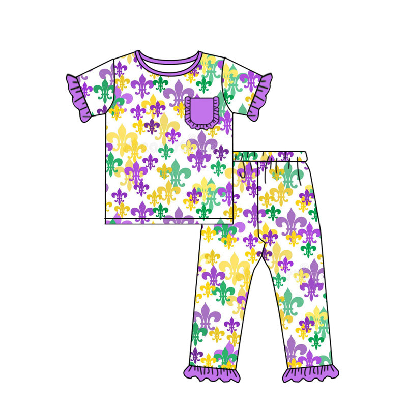 (Pre Order) No moq GSPO2080 Pre-order baby girl clothes mardi gras purple short sleeve pants sets -2025.9.17