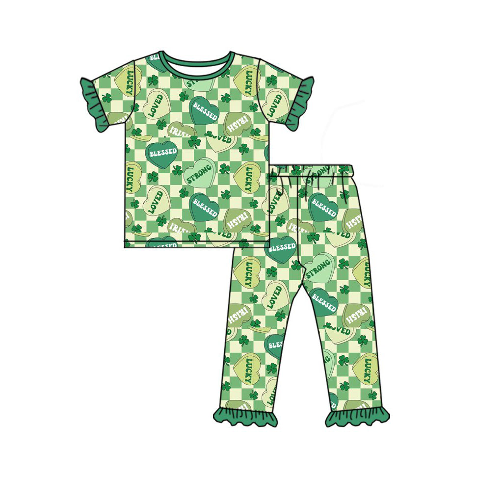 (Pre Order) No moq GSPO2091 Pre-order baby girl clothes love green short sleeve pants sets -2025.9.25