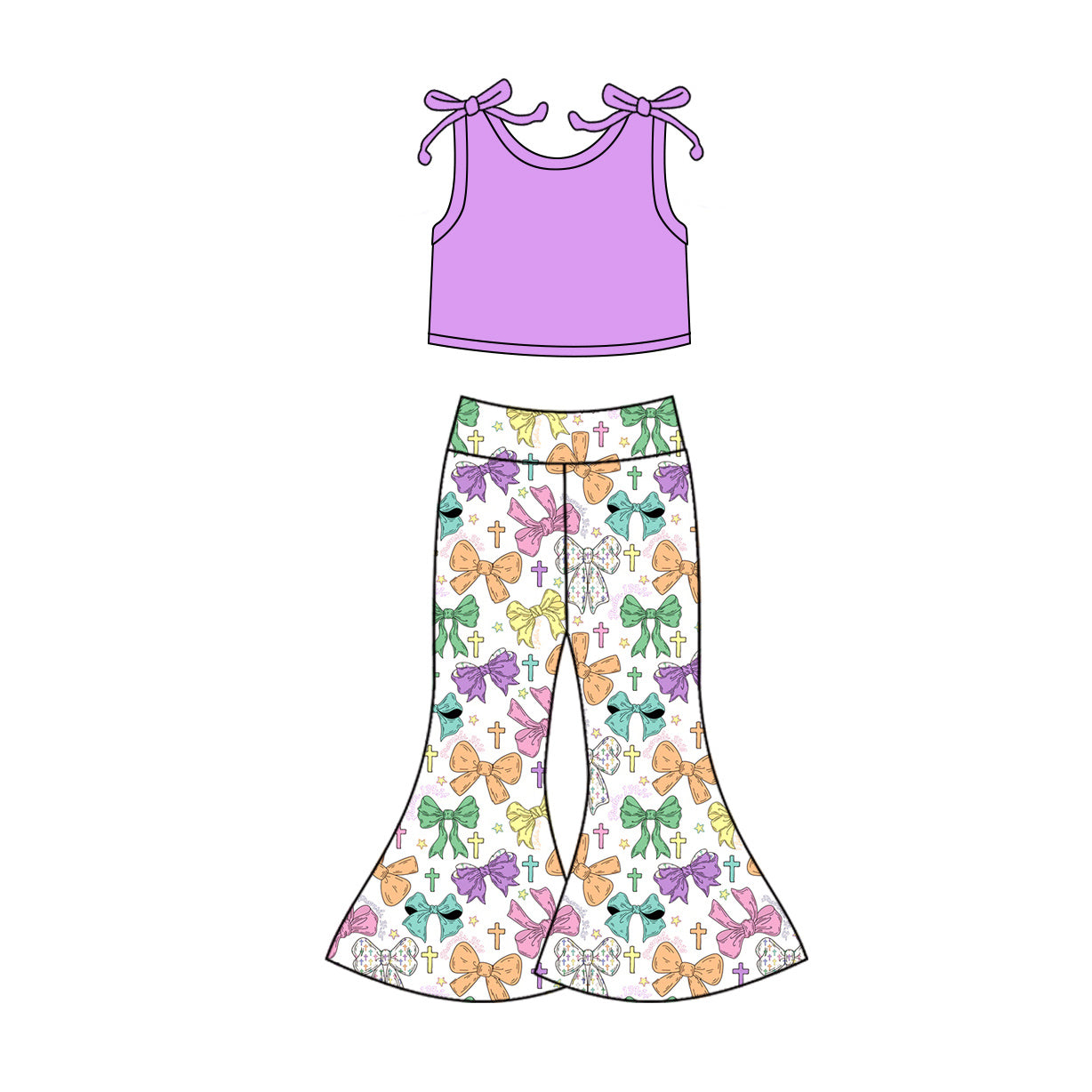 (Pre Order) No moq GSPO2124 Pre-order baby girl clothes bow purple sleeveless pants sets -2025.10.14