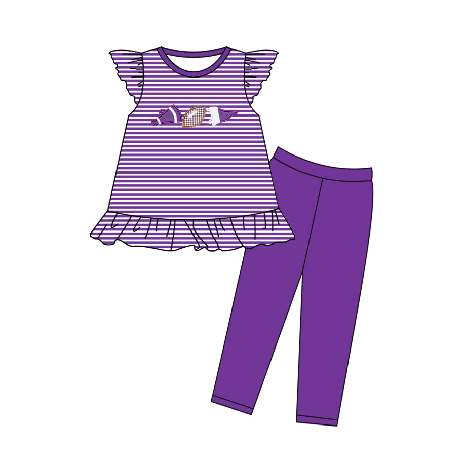 (Pre Order) No moq GSPO2134 Pre-order baby girl clothes rugby purple flying sleeve pants sets -2025.10.21