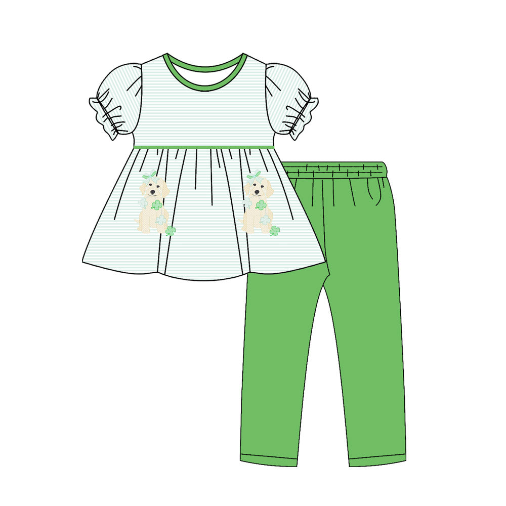(Pre Order) No moq GSPO2146 Pre-order baby girl clothes puppy bow short sleeve pants sets-2025.10.23