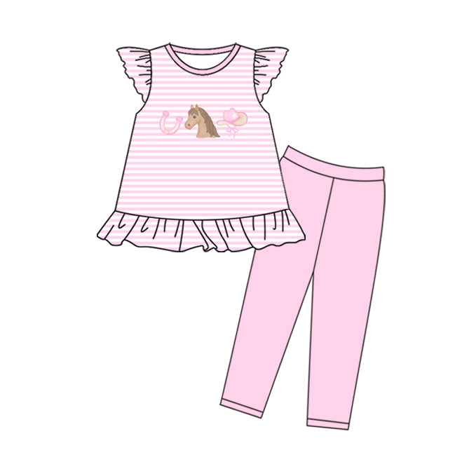 (Pre Order) No moq GSPO2209 Pre-order baby girl clothes hat horse pink flying sleeve pants sets-2025.11.18