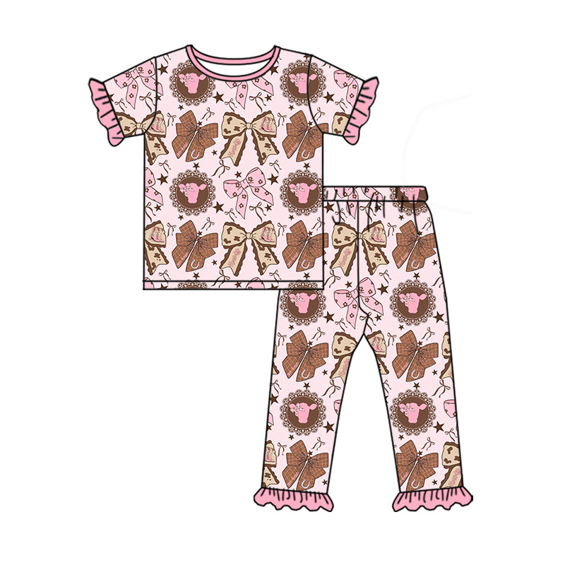 (Pre Order) No moq Pre-order baby girl clothes bow short sleeve pants sets-2025.12.5