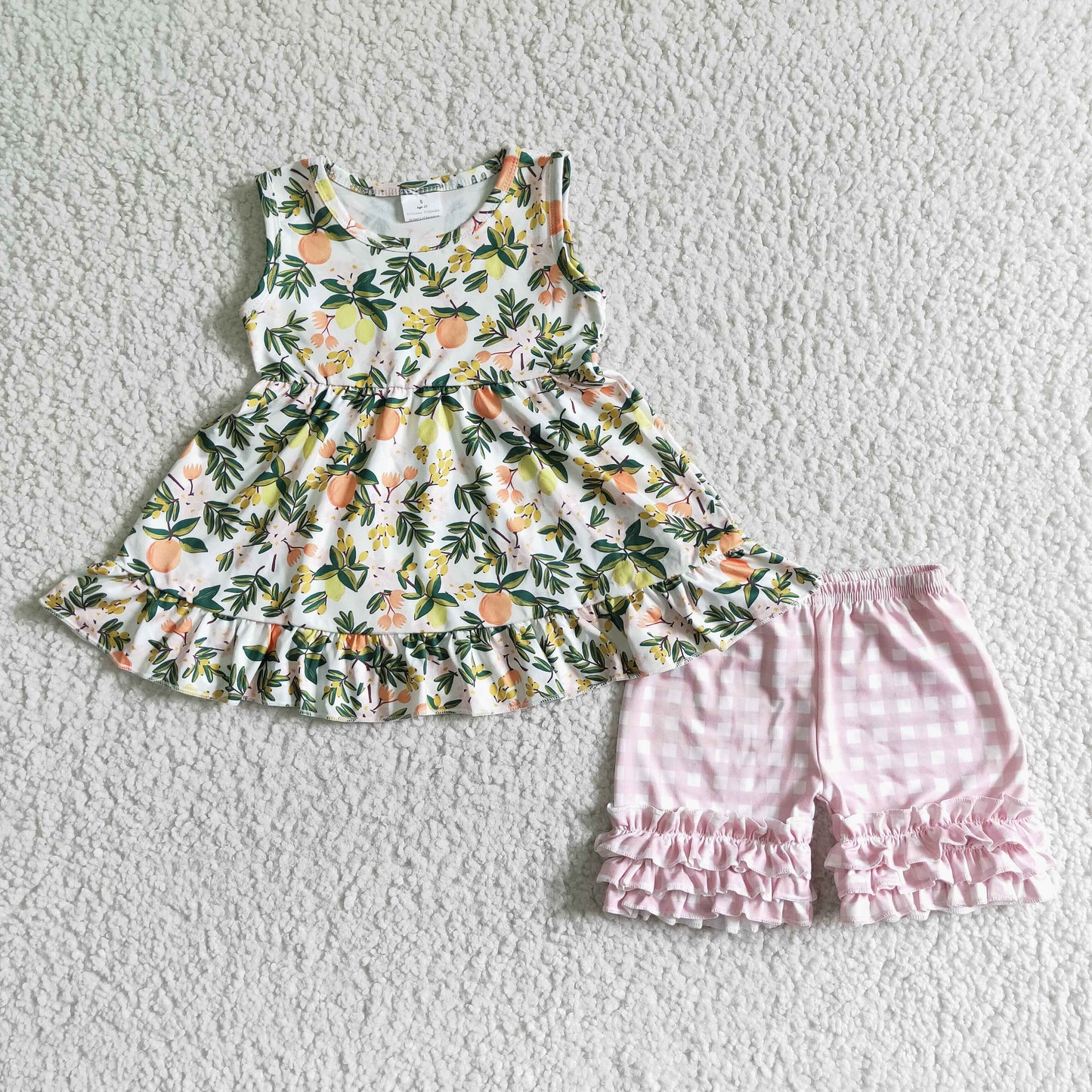 GSSO0076 Girls sleeveless fruit green leaf top pink plaid lace shorts suit
