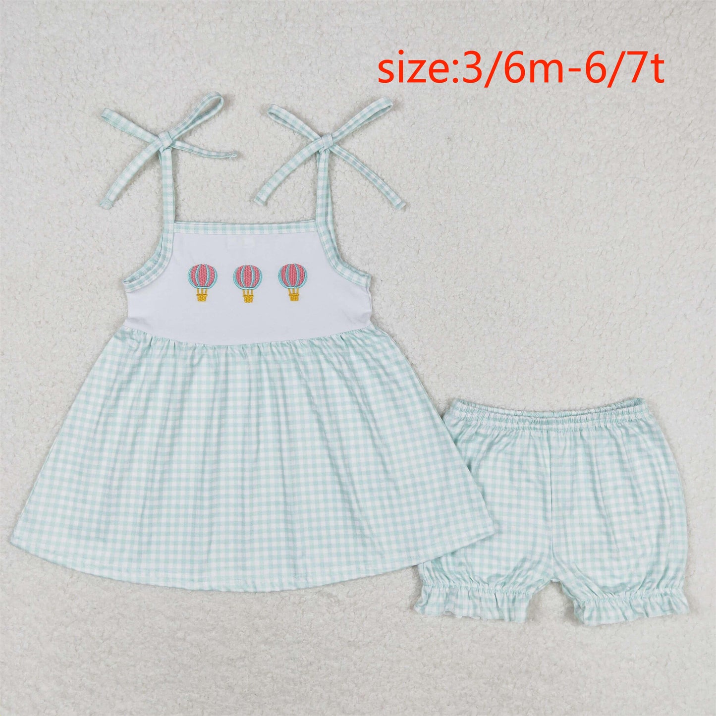 RTS NO MOQ(In Stock) Embroidered hot air balloon plaid suspender shorts suit