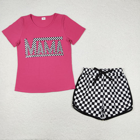 RTS NO MOQ Mommy And Me Adult Baby Girls Mini Pink Checkered Shirt And Shorts Outfit Set for Matching Mother Daughter Clothing