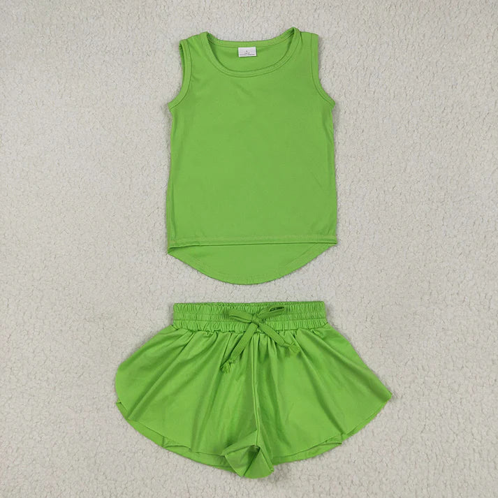 RTS NO MOQ Baby Girls Green Sleeveless Top Skorts Sets Cute Toddler Outfit Summer Casual Girls Clothing Set