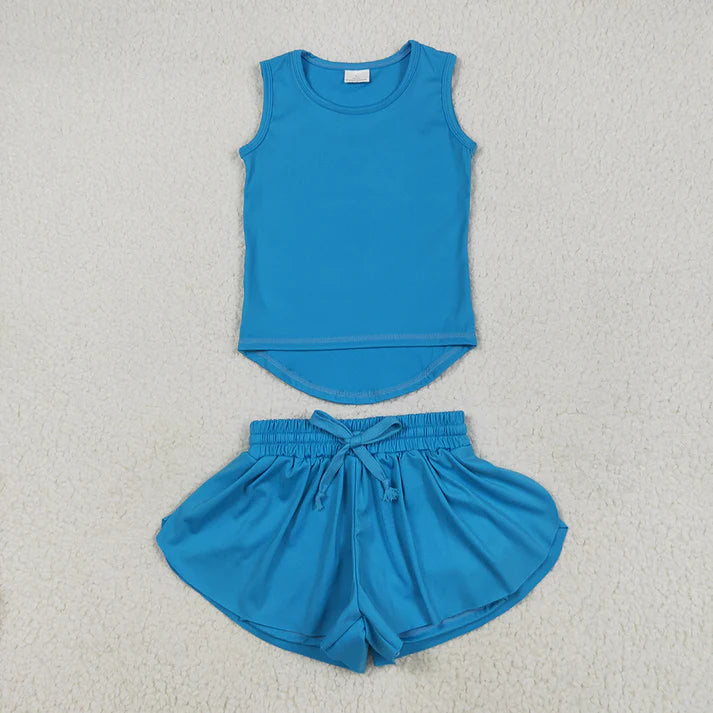 RTS NO MOQ Baby Girls Blue Yoga Set Sleeveless Top Skorts Shorts Outfit for Kids Age 2-14
