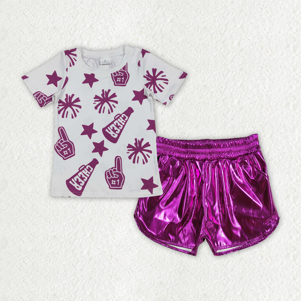 RTS NO MOQ GT0993+SS0412 cheer purple fireworks star white short-sleeved top shiny leather dark purple shorts set