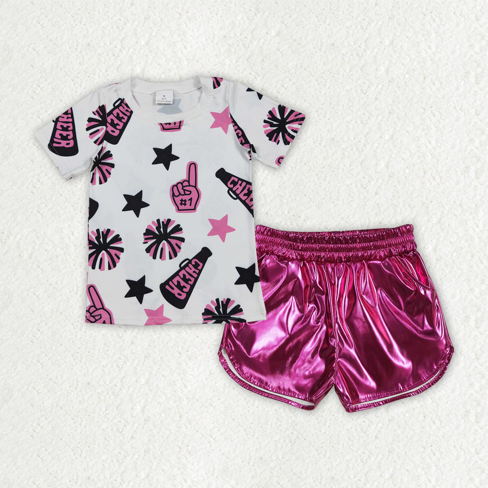RTS NO MOQ GT0994+SS0414 cheer pink black fireworks star white short-sleeved top shiny leather rose red shorts sets