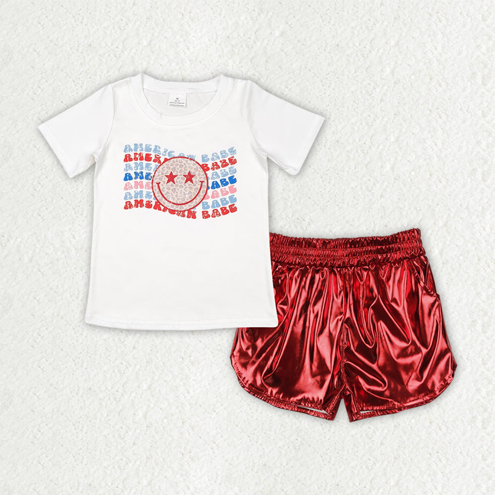 RTS NO MOQ GT0502+SS0415 American babe leopard smiley face white short-sleeved top red leather shorts