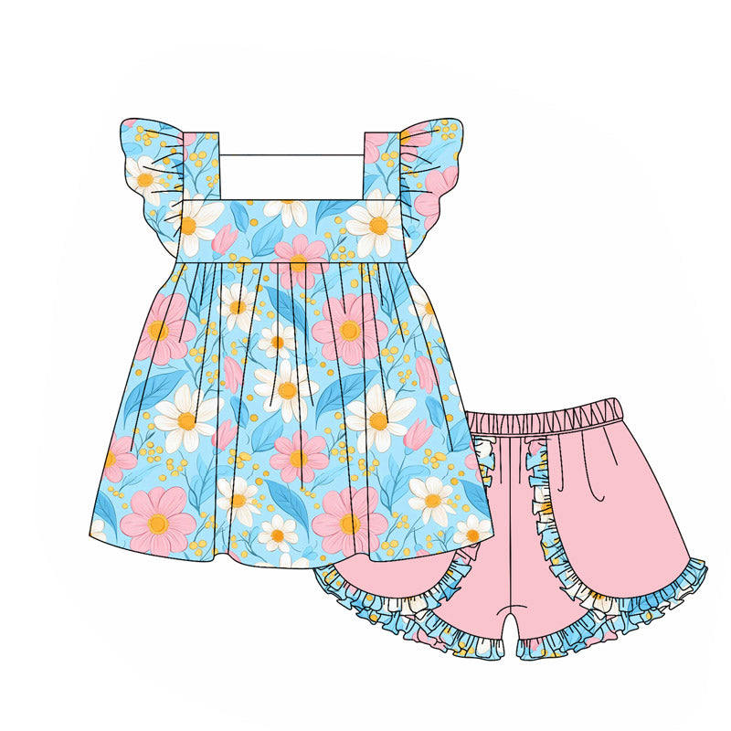 no moq GSSO2650 PRE-ORDER baby girl clothes floral flying sleeves shirt shorts sets-2025.5.27