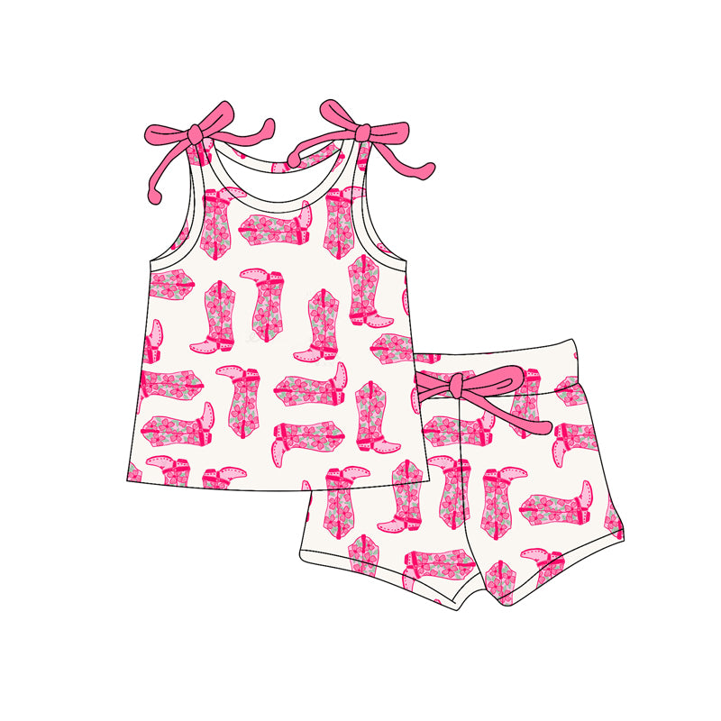 no moq GSSO2658 PRE-ORDER baby girls clothes boots pink suspender shorts set-2025.5.29