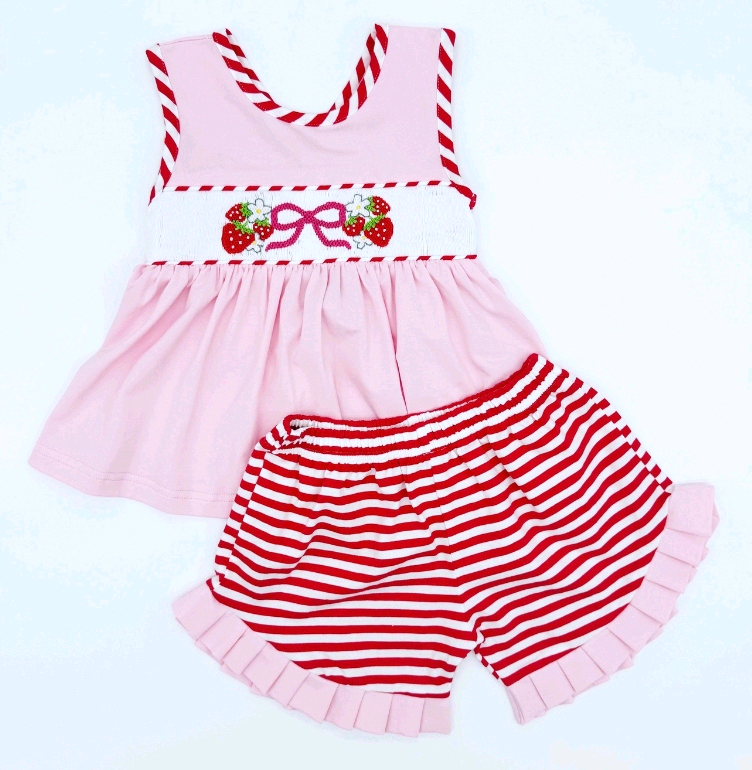 no moq GSSO2679 PRE-ORDER baby girls clothes strawberry bow pink sleeveless shorts set-2025.6.9