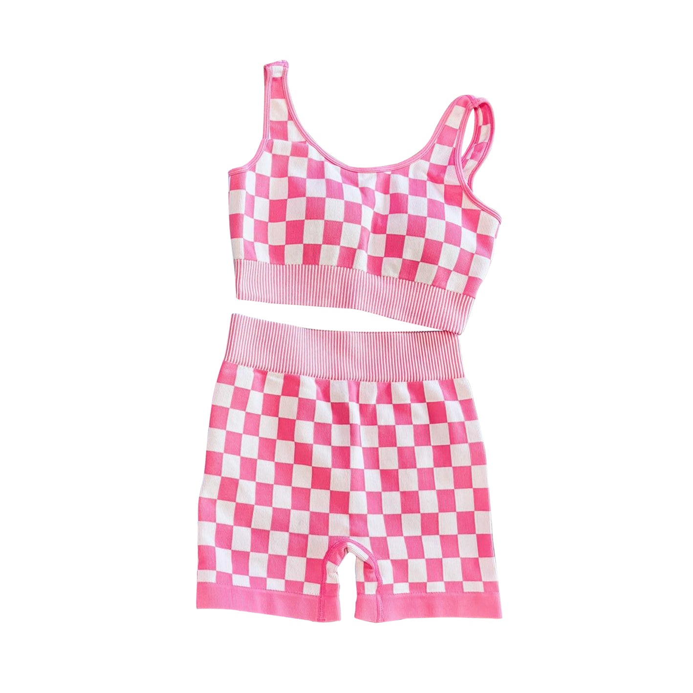 no moq GSSO2704 PRE-ORDER adult clothes pink plaid sleeveless shorts set-2025.6.21