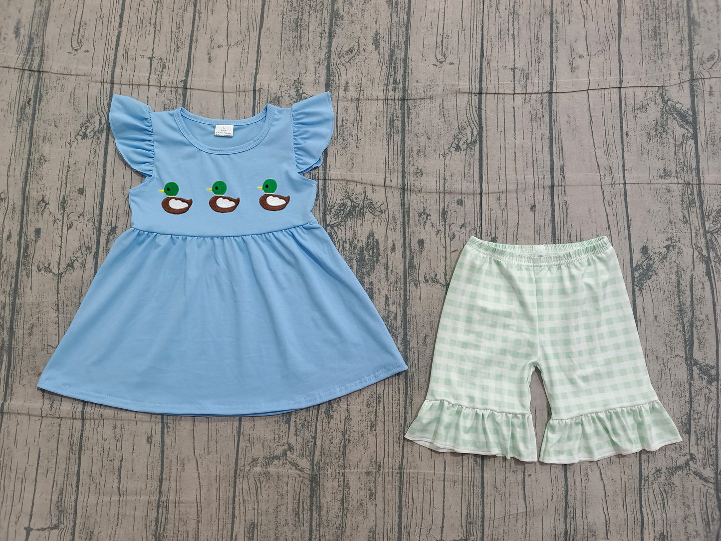 (Pre Order) No moq GSSO2728 Pre-order baby girl clothes embroidery duck blue flying sleeve shorts sets -2025.12.5
