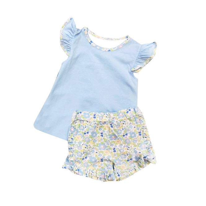 (Pre Order) No moq GSSO2751 PRE-ORDER baby girls clothes floral blue flying sleeve shorts set-2025.10.13