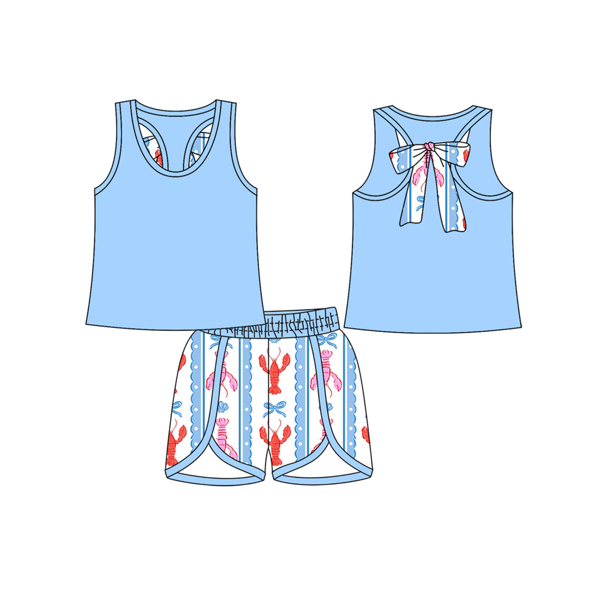 (Pre Order) No moq GSSO2755 PRE-ORDER baby girls clothes lobster bow blue sleeveless shorts set-2025.10.14
