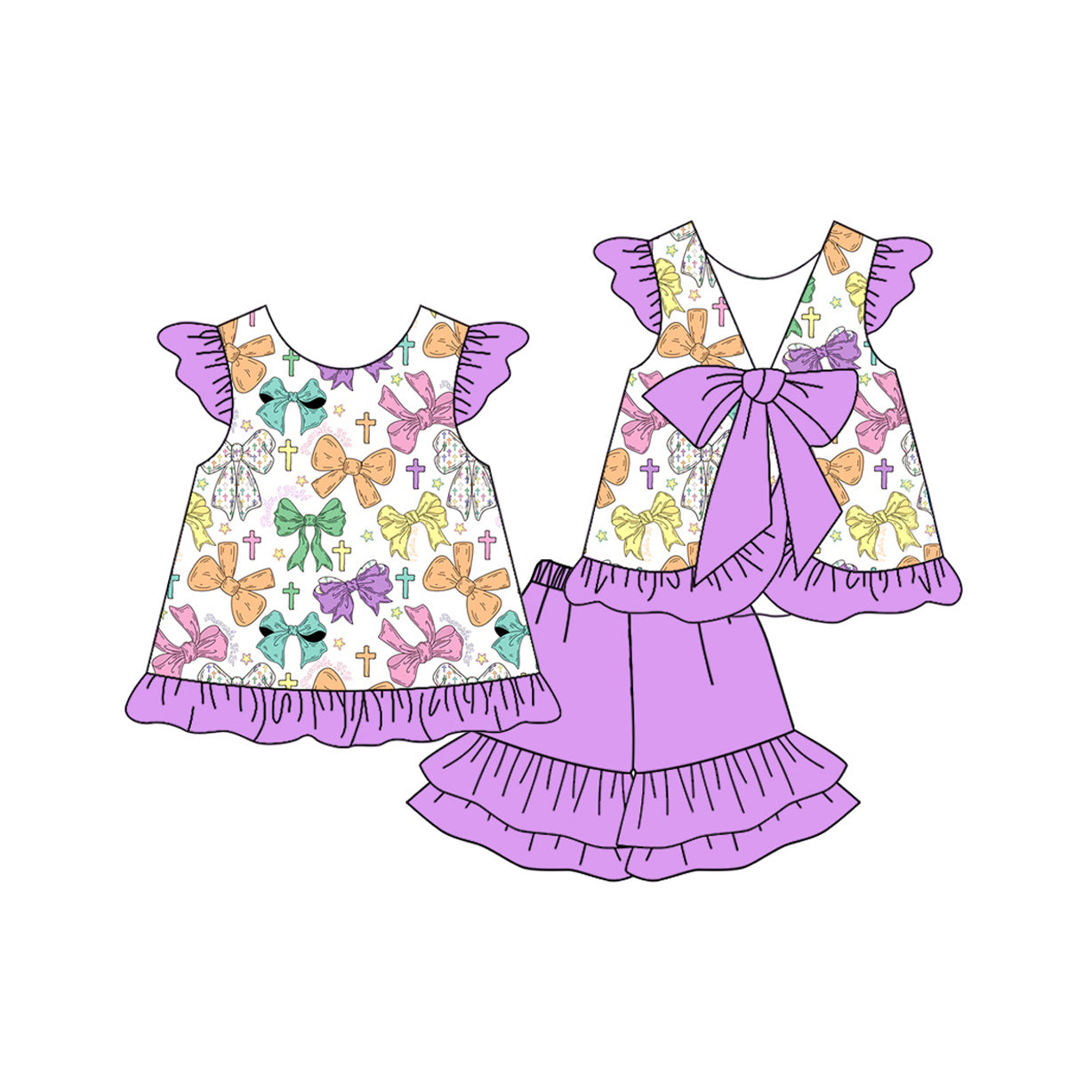 (Pre Order) No moq GSSO2758 PRE-ORDER baby girls clothes bow purple flying sleeve shorts set-2025.10.14