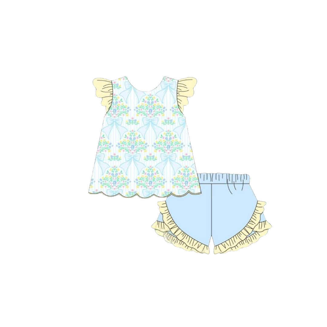(Pre Order) No moq GSSO2767 PRE-ORDER baby girls clothes bow floral flying sleeve shorts set-2025.10.18